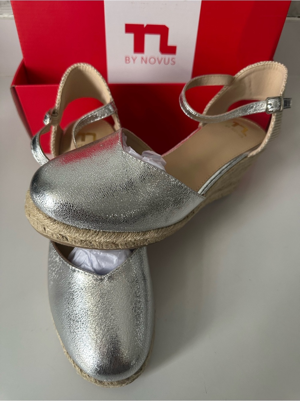 VICKY Silver Metallic Espadrille Wedge Sandal - Size 8M